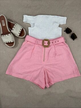 Ramy Brook Pink High-Waist Belted Linen Shorts w/ belt